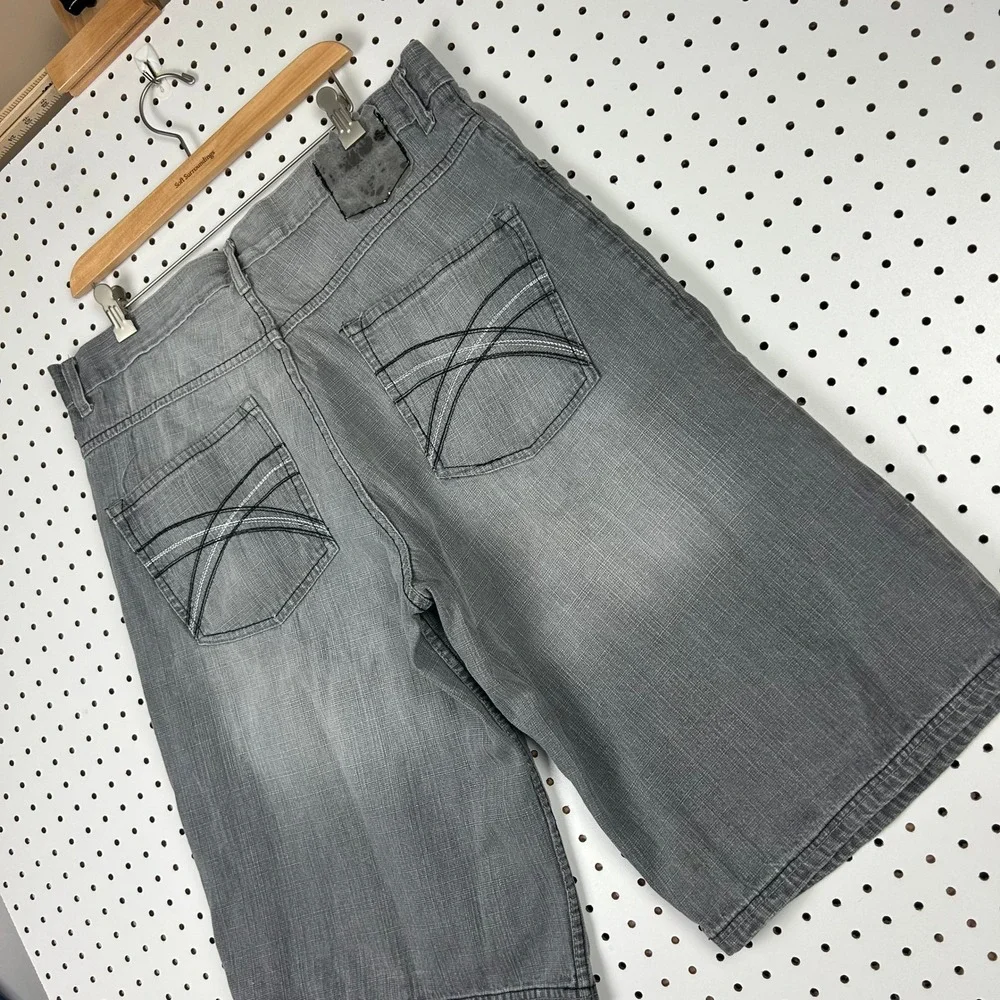 Mecca Men Baggy Denim Shorts Size 36 Gray Y2K Hip Hop Embroidered Streetwear 90s